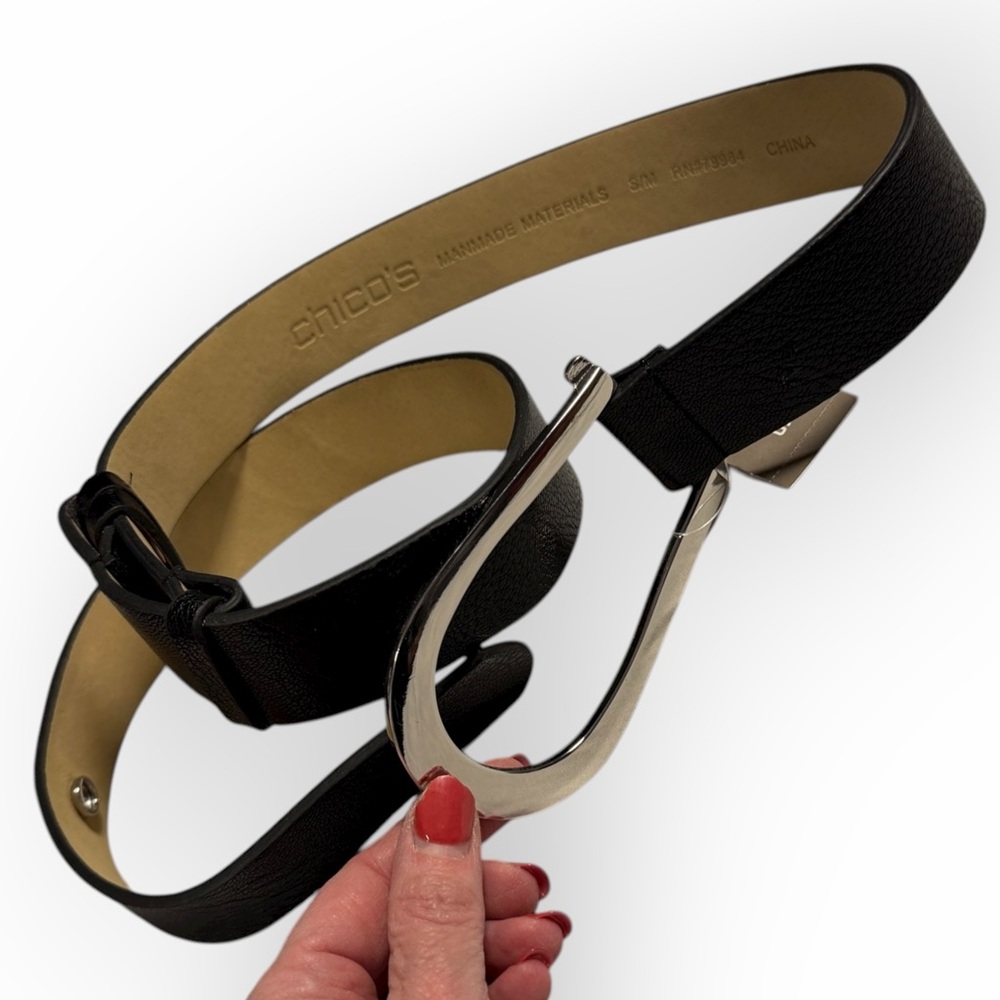 Chico's Black Belt with Silver Accent S/M‎ Adjustable Snap